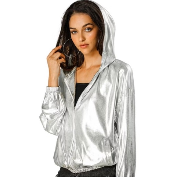 OLD NAVY ACTIVE Silver Metallic 1/4 Zip Up Hooded Track Jacket Size L NWOT - Picture 1 of 13